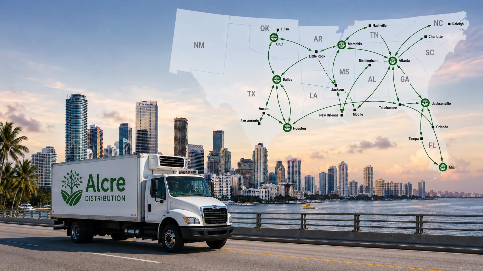 Alcre Distribution delivery truck and a US route map