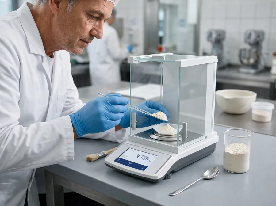 Lab technician weighing a food sample for quality testing