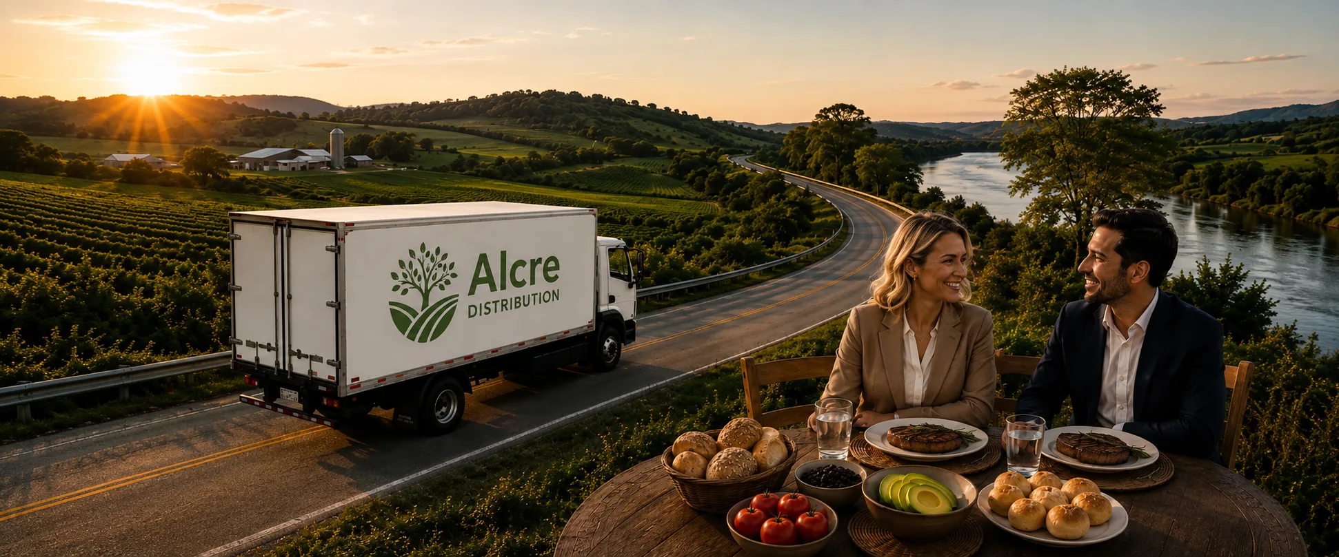 Alcre Distribution delivery truck on a rural road, with a family enjoying a meal at an outdoor table